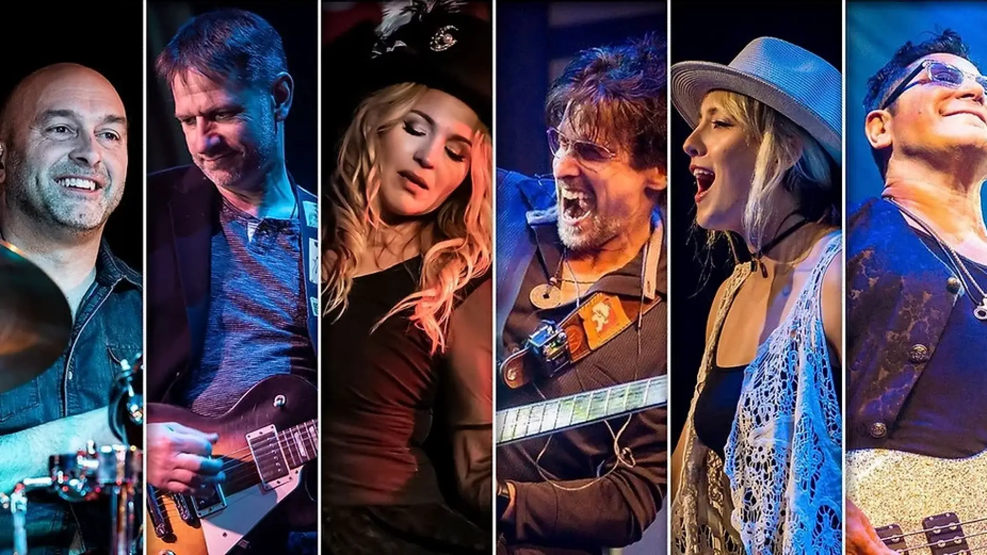 Collage of six band members, including a drummer, guitarist, and bassist.