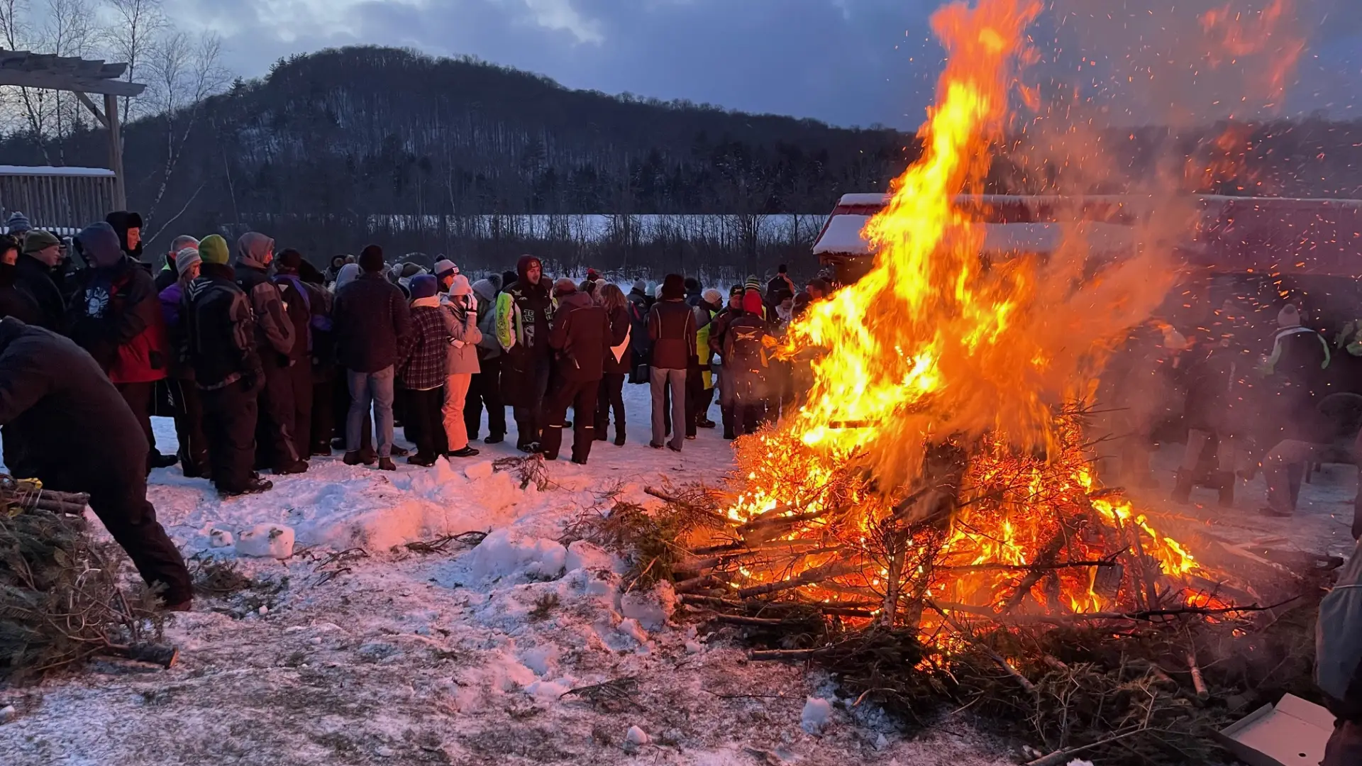 the tree bon fire with a crowd of people circled around 
