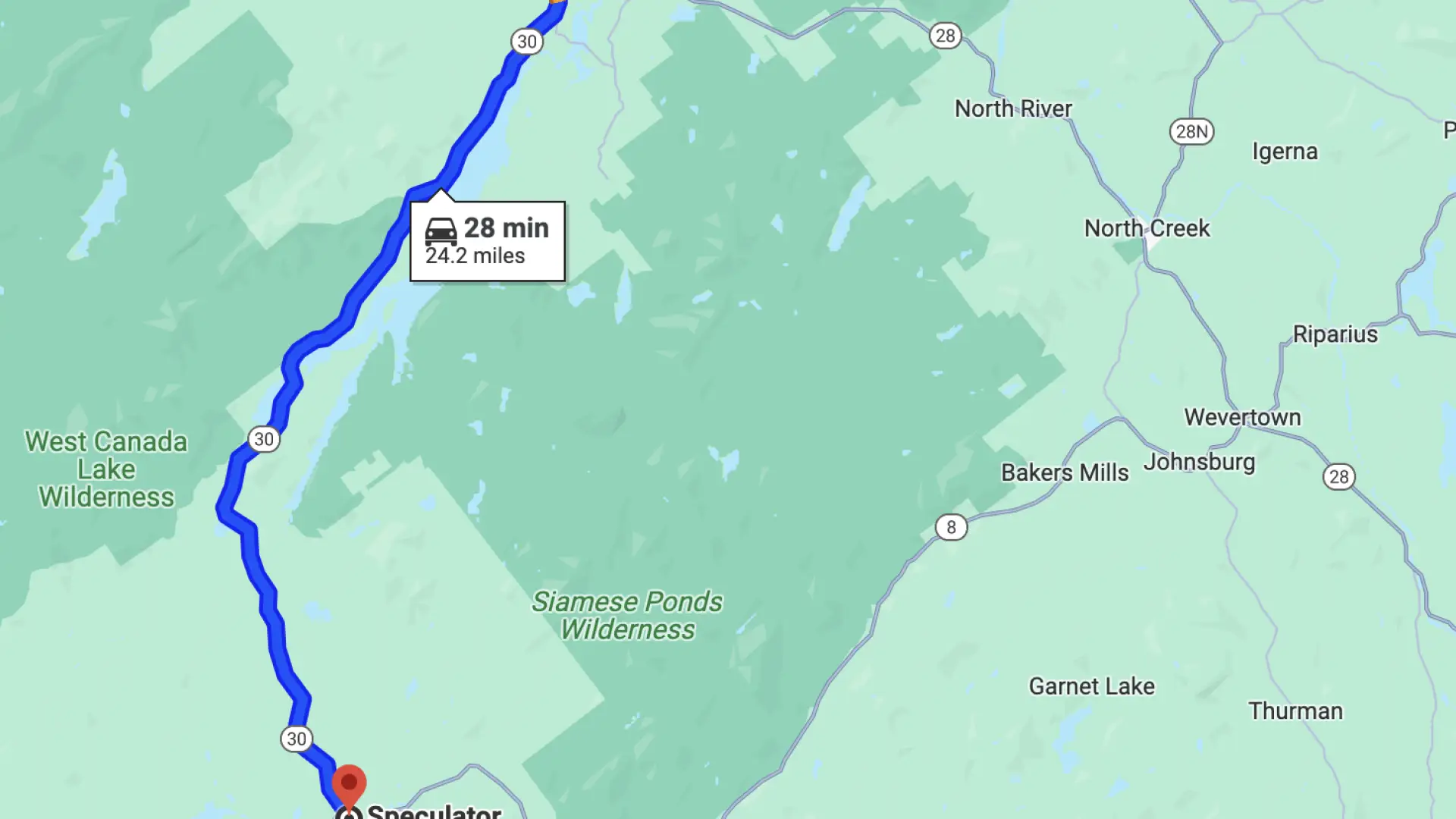 Map of the drive between Indian Lake and Speculator