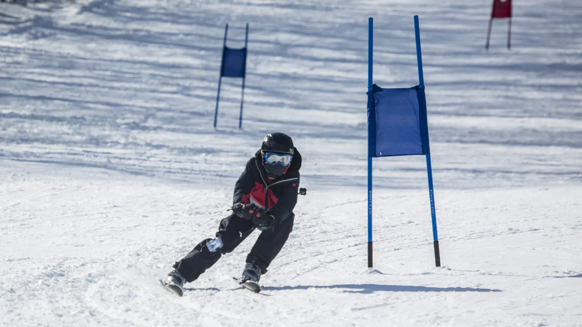 a skiier weaving around a flag marker