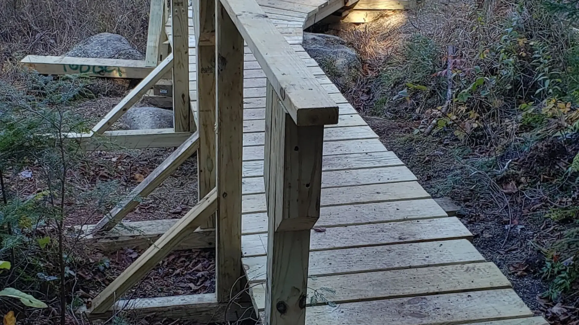 A winding wooden bridge