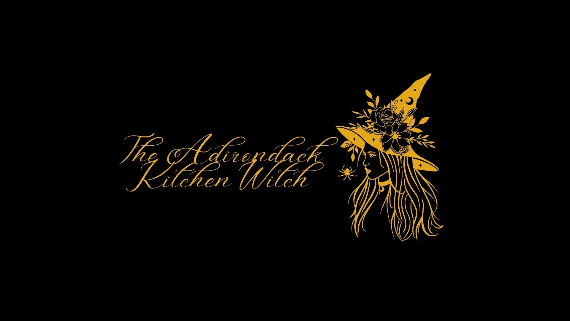 Image of a woman's profile wearing a pointed witch hat covered in flowers and a spider on a thread hanging down the front.