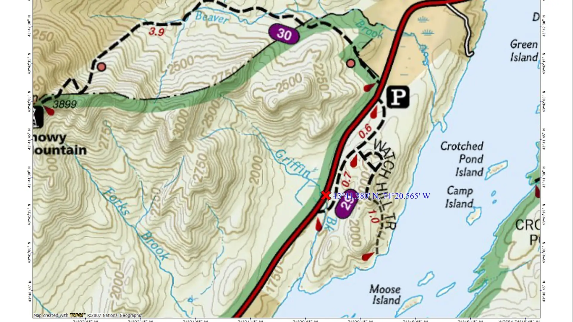 A map with many hiking trails and Indian Lake