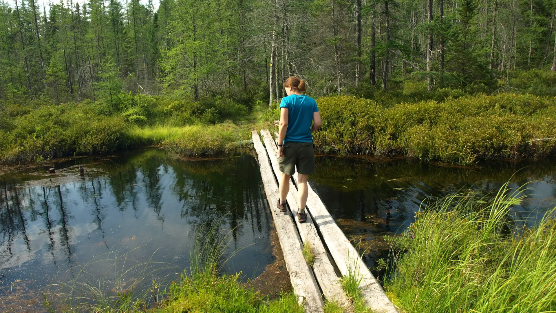 A person crosses a 3-plank wooden bridge.