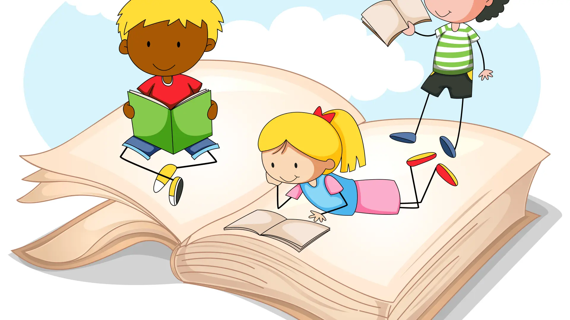 An illustration of kids reading books while sitting on a larger book