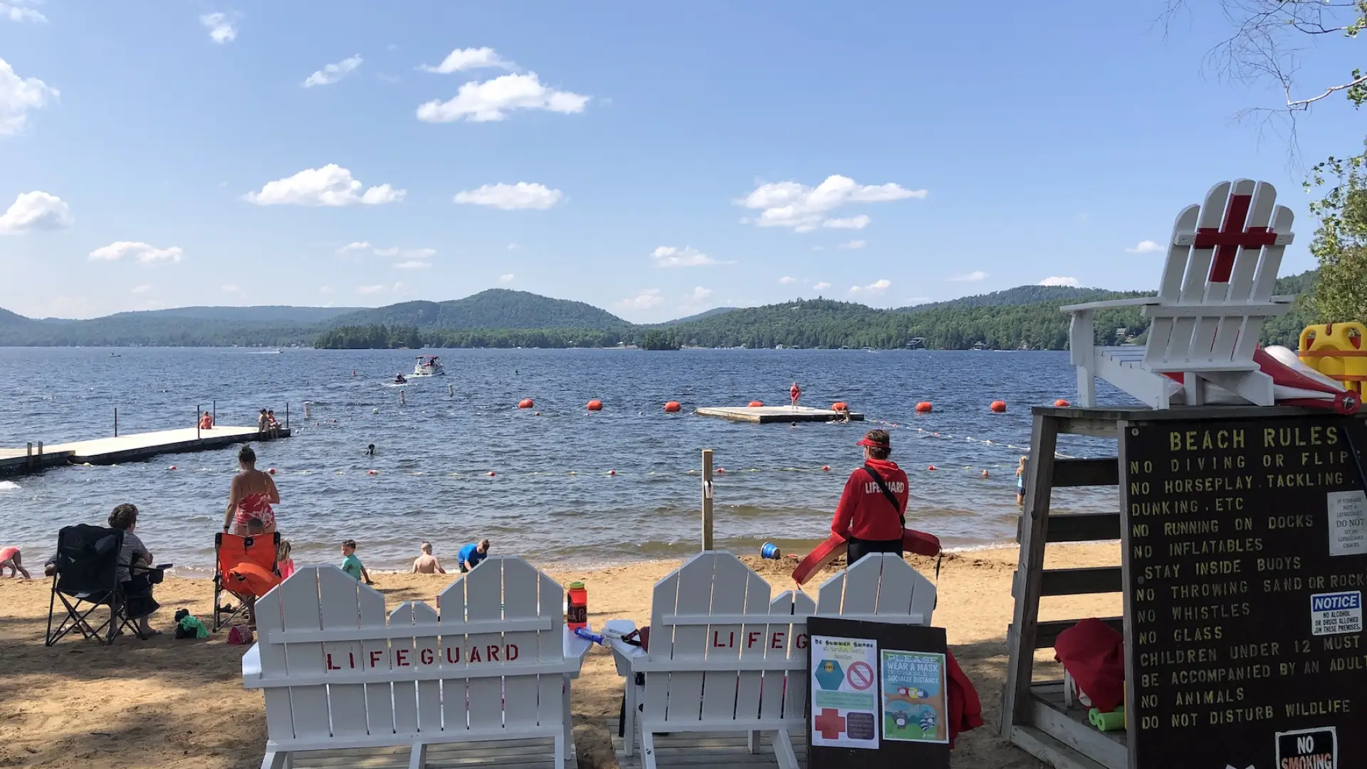 A public beach with mountain views