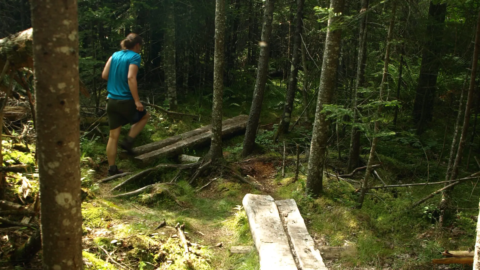 A hiker walks across wooden plank bridging.