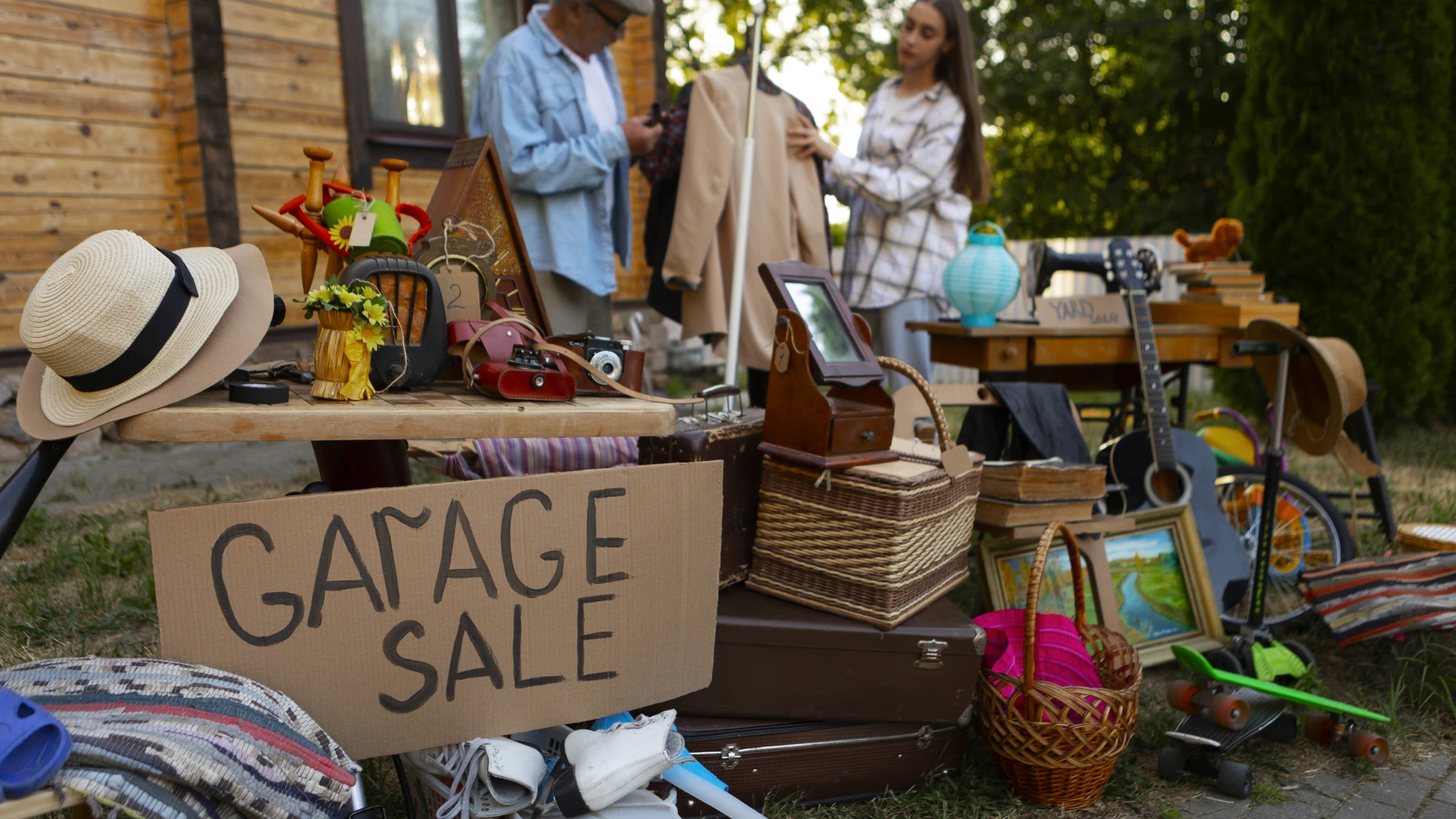 A variety of items sit outside with a hand written sign on cardboard reading Garage Sale