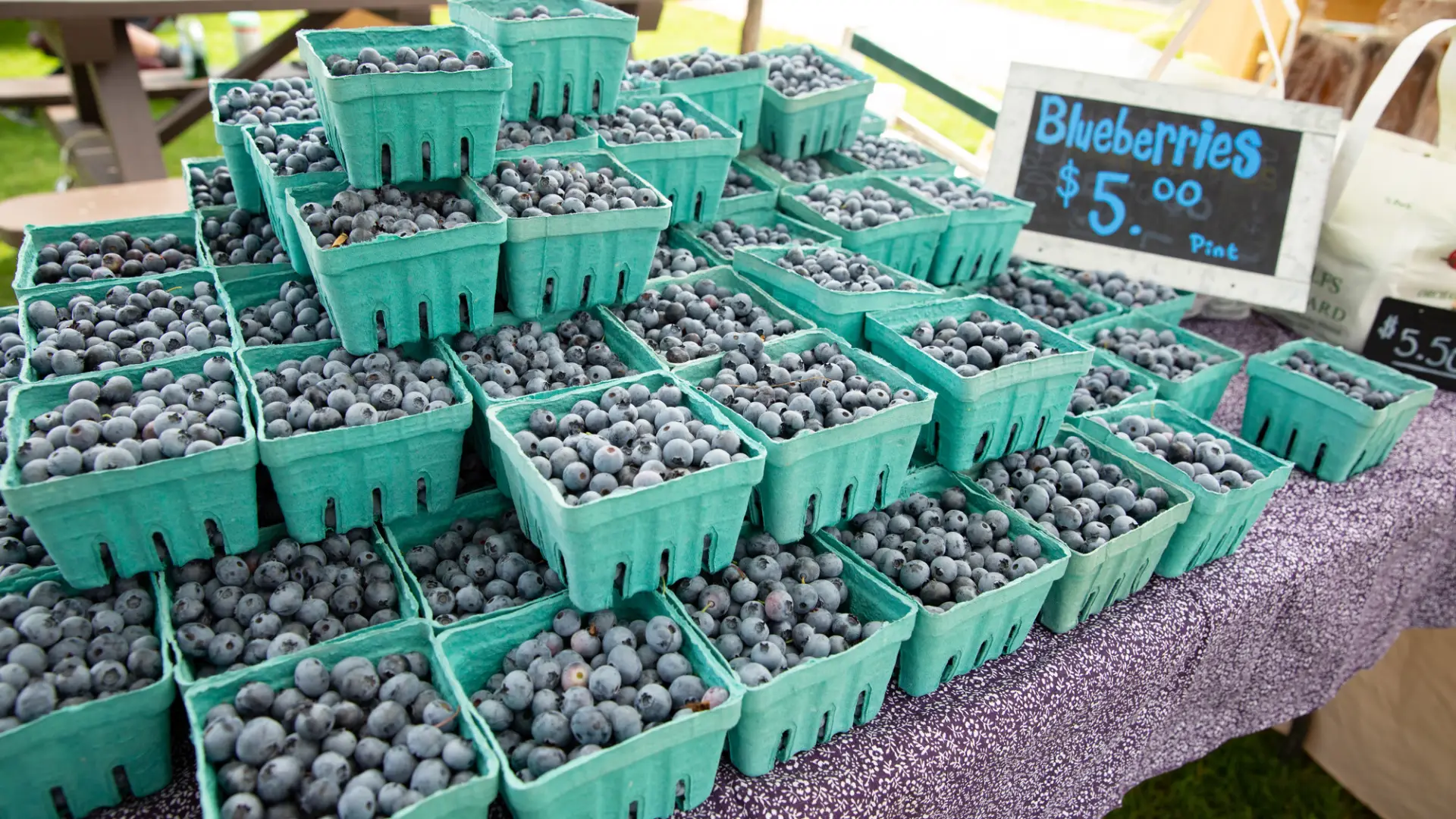 A huge pile of cartons of blueberries on a stand at the farmers market