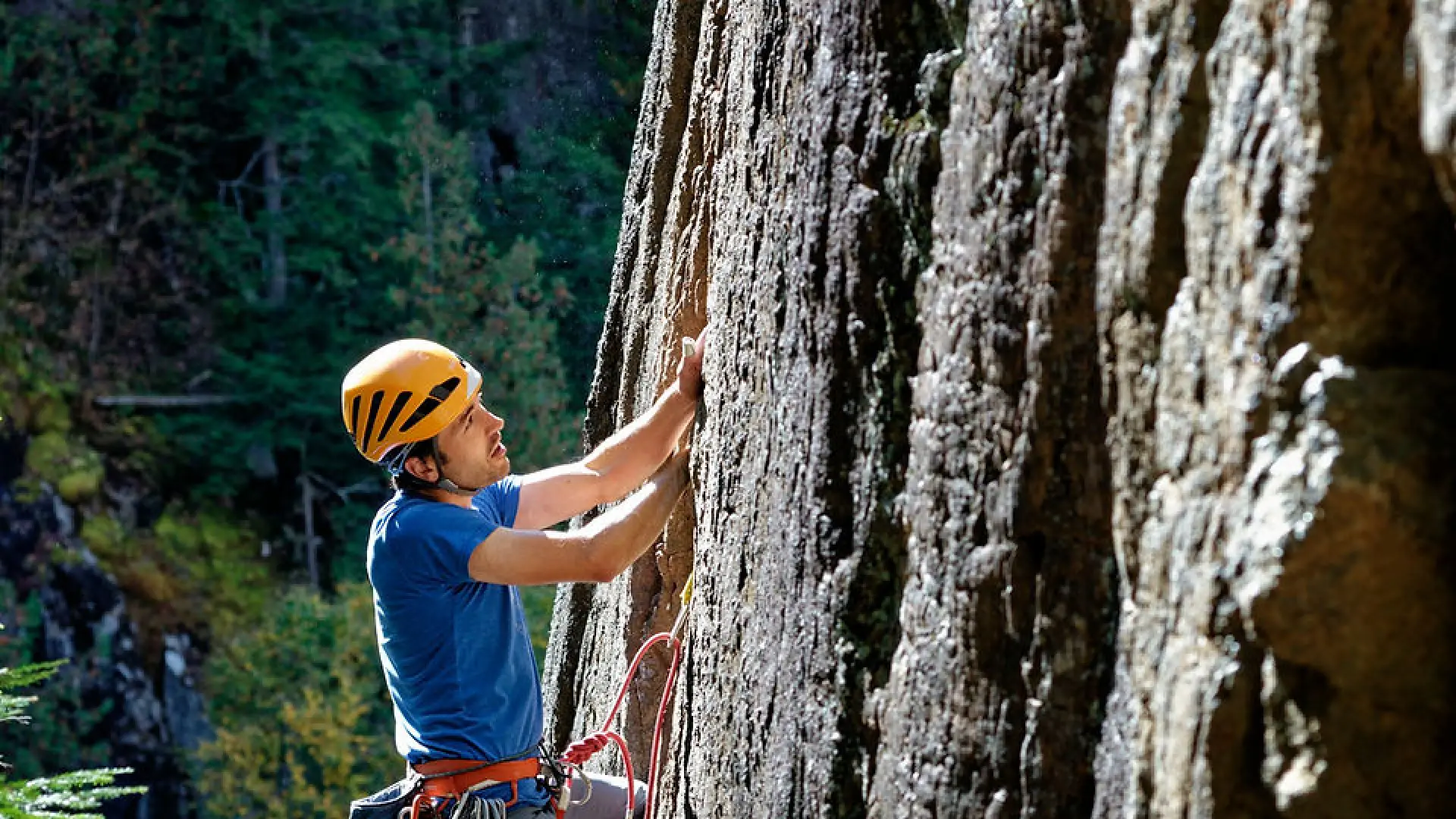 A man in a helmet, harness and ropes climbs a steep rock face.