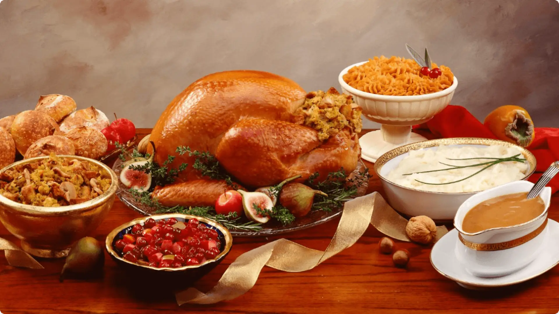 A table display of a traditional turkey dinner and sides