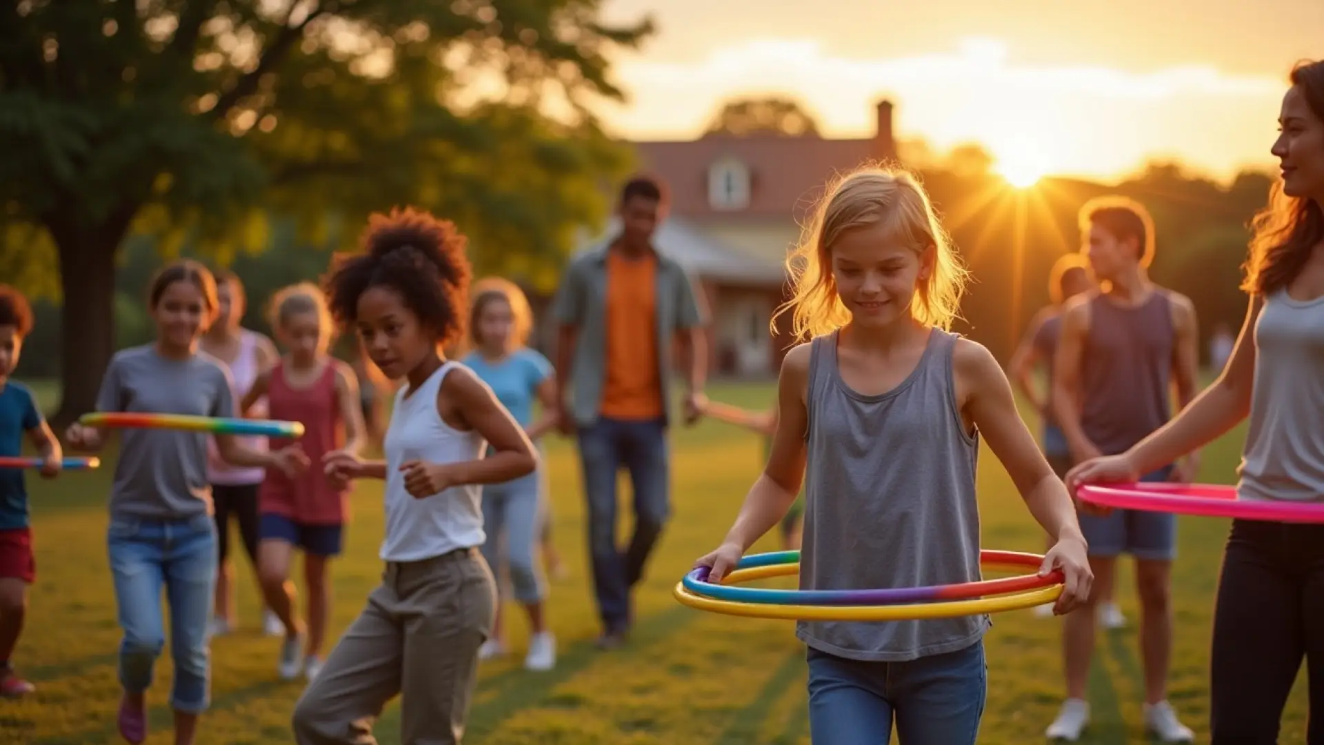Kids and adults hula hooping