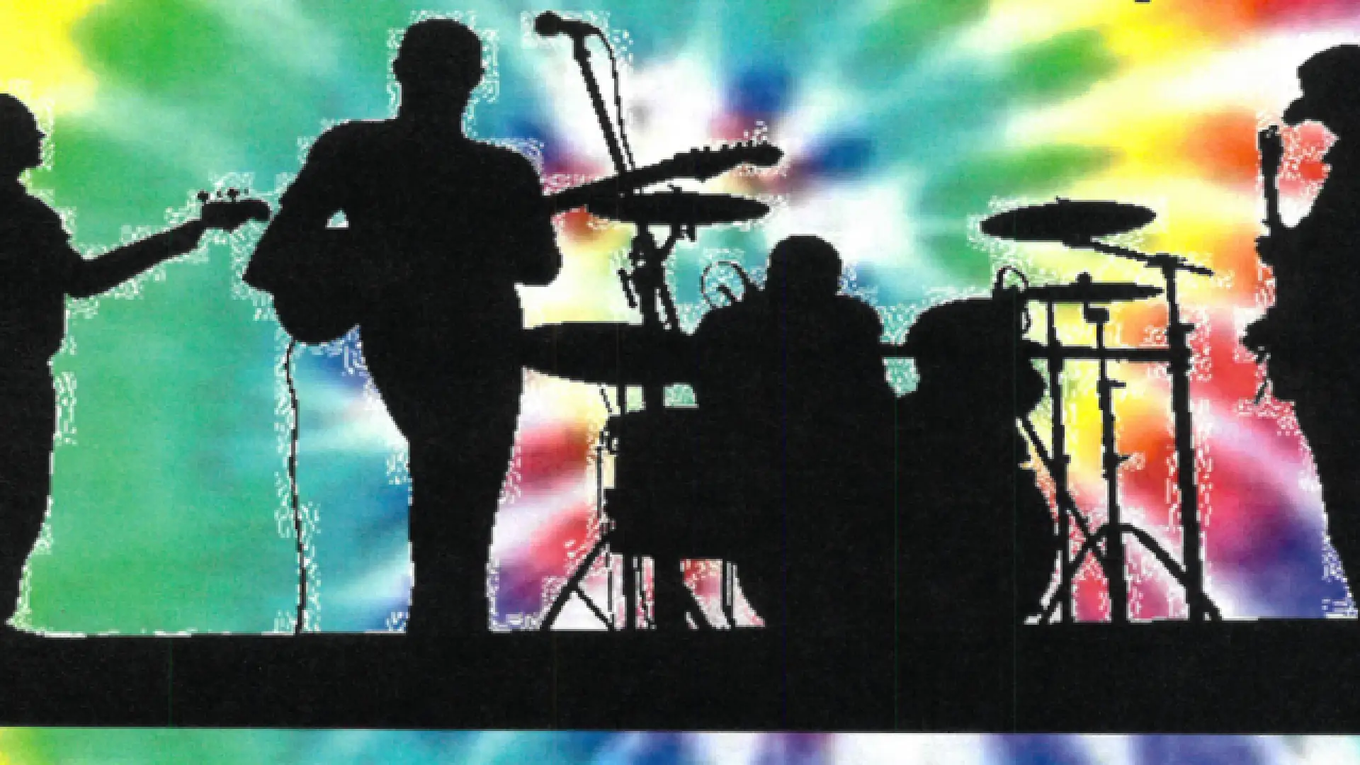 A silhouette of a person playing guitar and drums in front of a rainbow tie dye background
