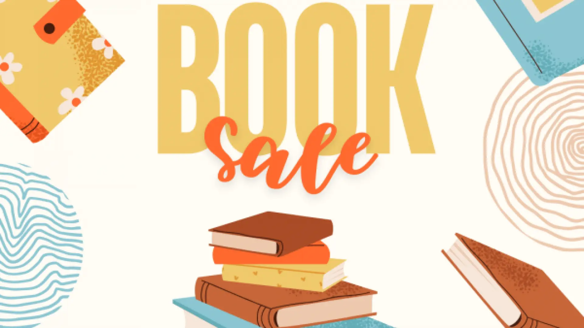 cartoon poster of books and shapes with the words "book sale" in the center
