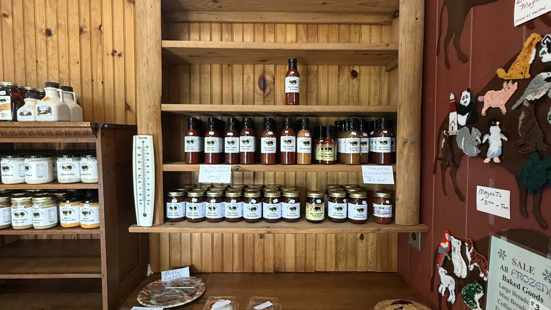 Sauces and pies line the shelfs of the shop