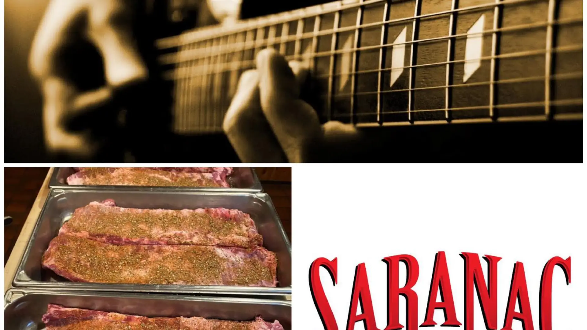 Photo mash of a man playing guitar, meat ready to be bbq'ed, and the Saranac Brewing Company logo