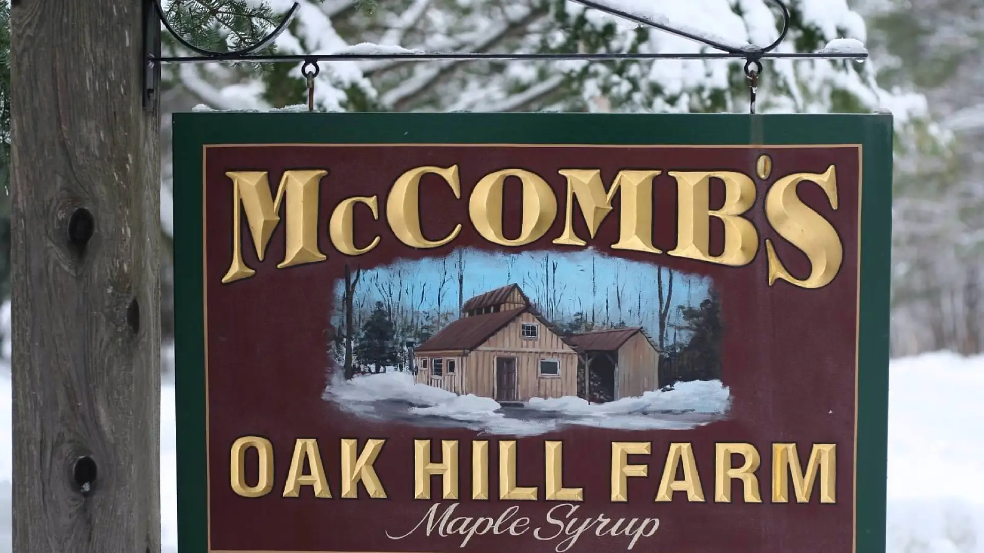 Sign of McCombs Oak Hill Farm where they make maple syrup