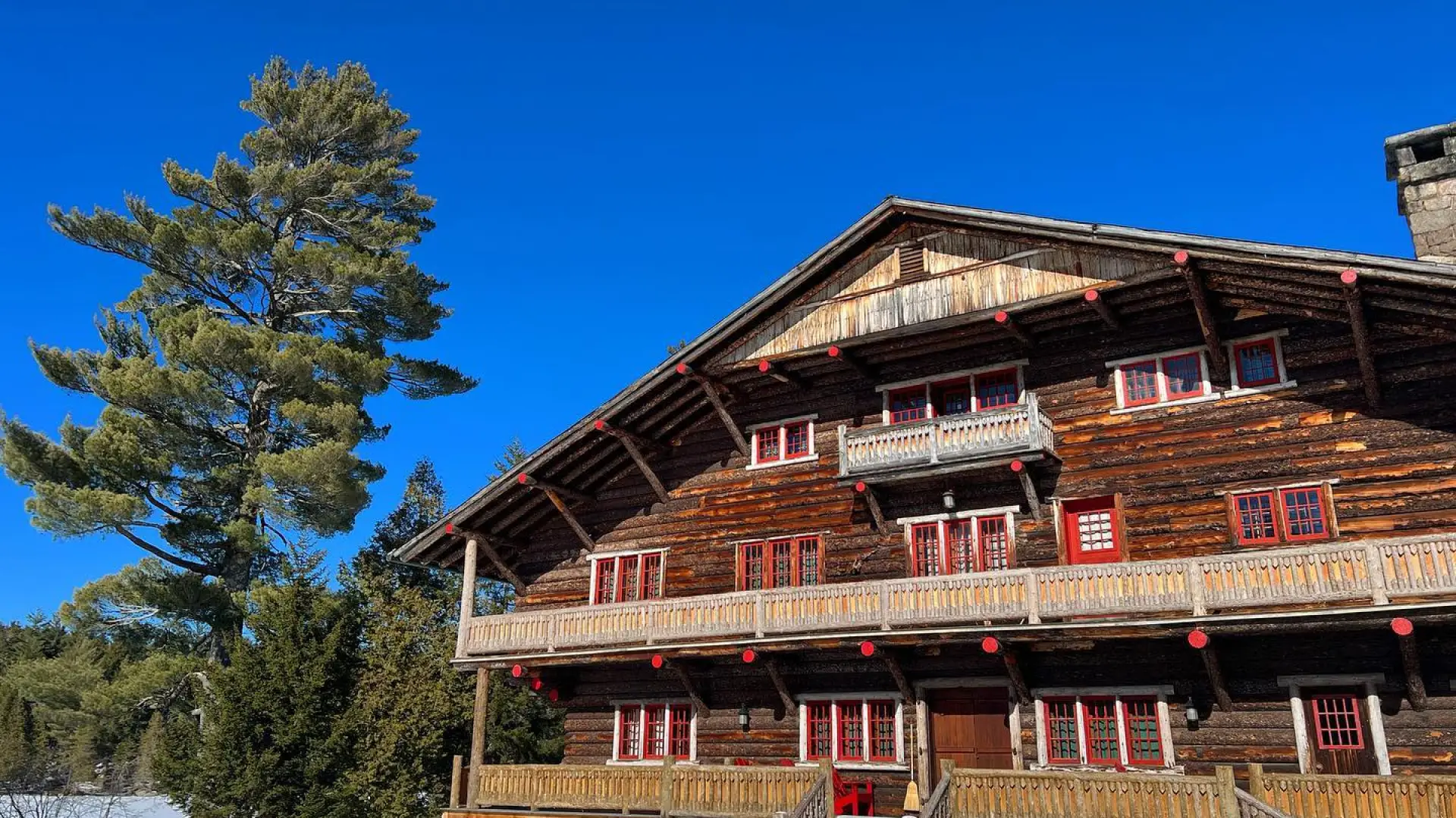 exterior winter photo of Great Camp Sagamore