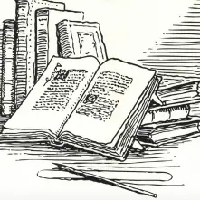 A black and white illustration of a book propped open with a pencil below