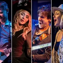 Collage of six band members, including a drummer, guitarist, and bassist.
