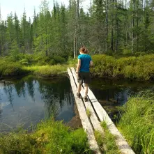 A person crosses a 3-plank wooden bridge.