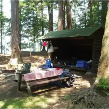 A collage of a campground with lean-tos