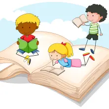 An illustration of kids reading books while sitting on a larger book