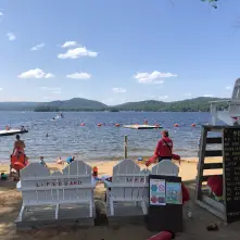 A public beach with mountain views