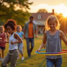 Kids and adults hula hooping