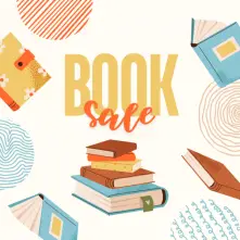 cartoon poster of books and shapes with the words "book sale" in the center