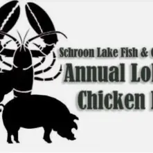 Silhouettes of a lobster, chicken and pig next to the words Schroon Lake Fish & Game Bake