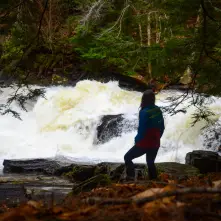 A woman watches Austin Falls from the shoreline