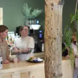 Rustic beams supports with hanging plants and a view of people conversing at the front counter.