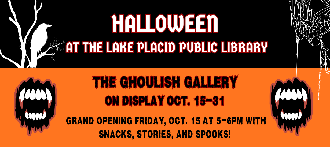Black and white header with halloween-themed font providing information on Halloween-themed teen art gallery and grand opening event