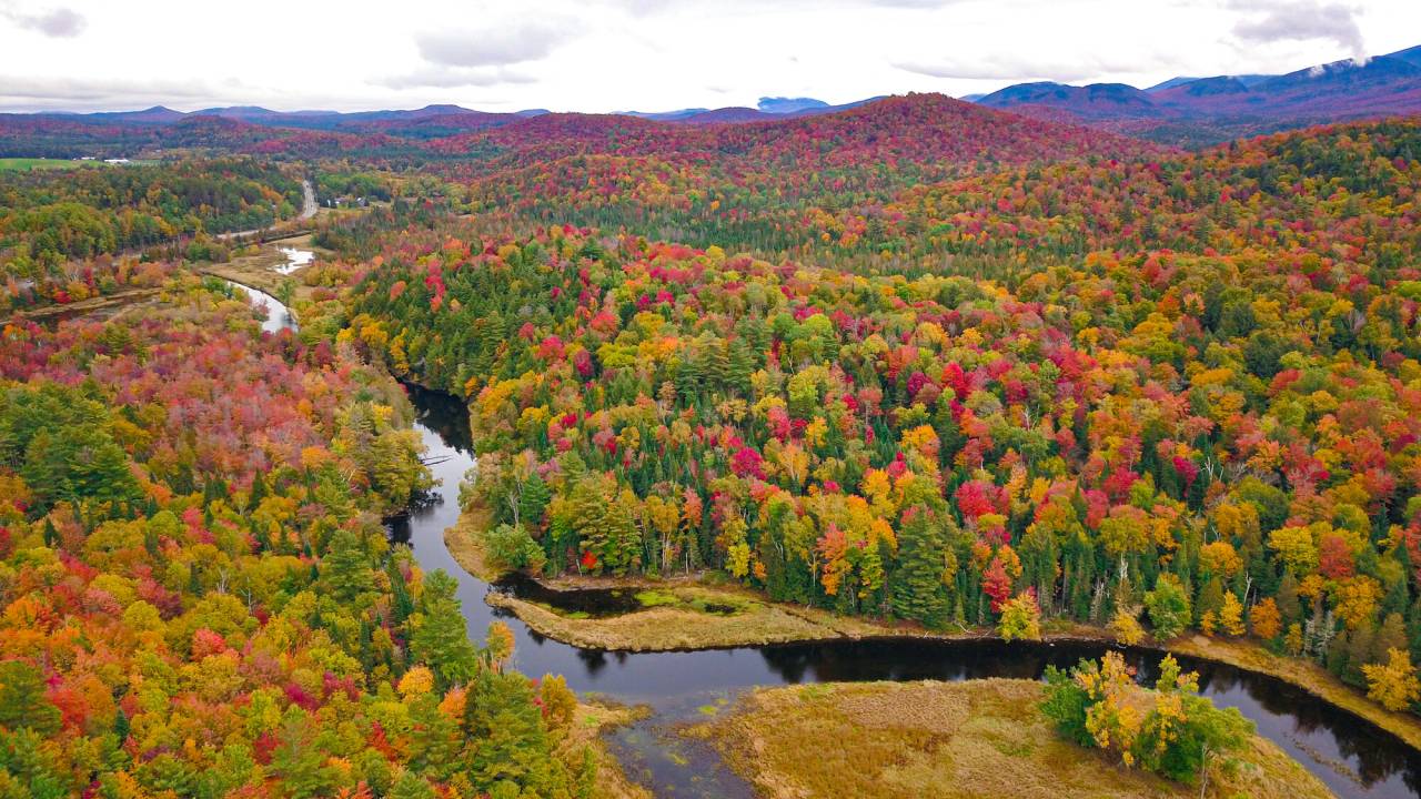 An aerial view of the Saranac River with fall foliage.