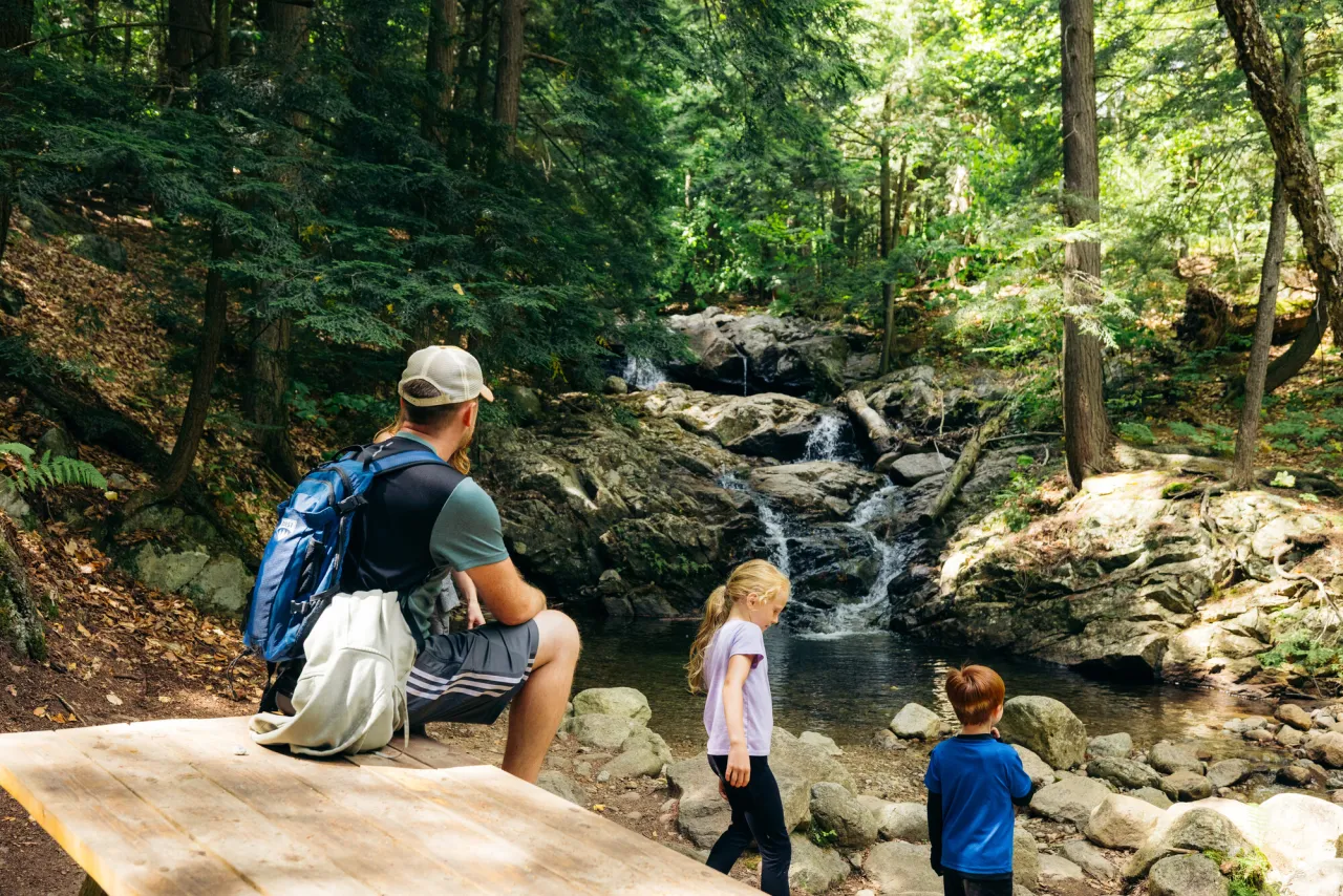 Father sits on picnic table near stream and waterfall in forest while daughter and son walk on trail ahead of him