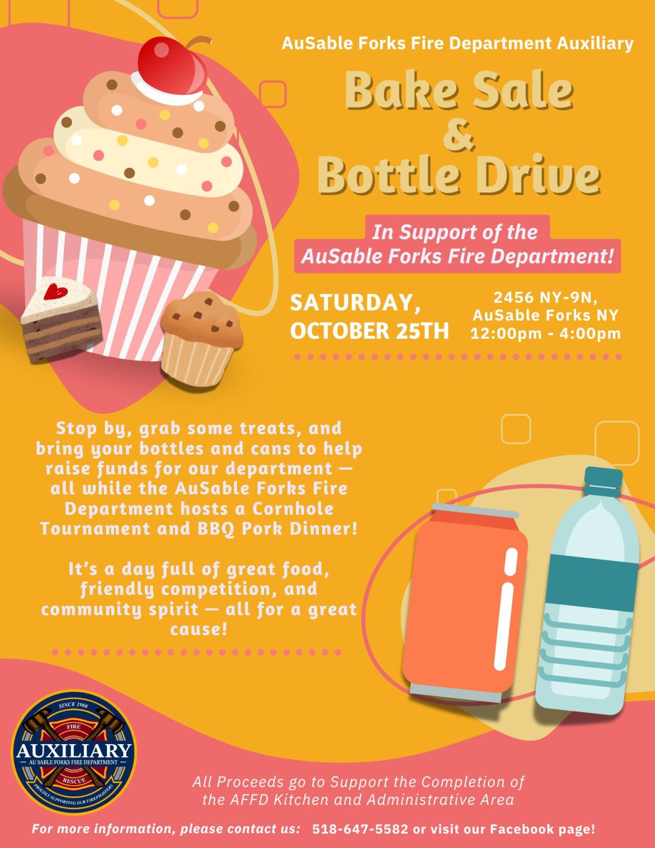 Colorful flyer for AuSable Forks Fire Department Auxiliary's "Bake Sale & Bottle Drive." Features cupcakes and bottles, advertising event on October 25th, 12-4 PM.