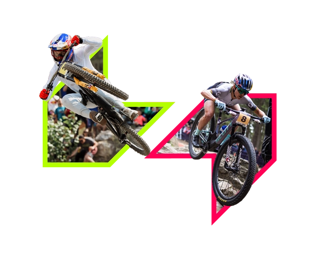 ORDA UCI Graphic of downhill and cross-country racers in arrow-shaped green and pink graphics