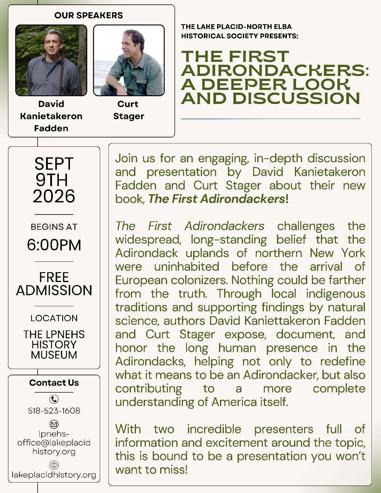 Event flyer for "The First Adirondackers" author/speaker event at Lake Placid-North Elba Historical Society