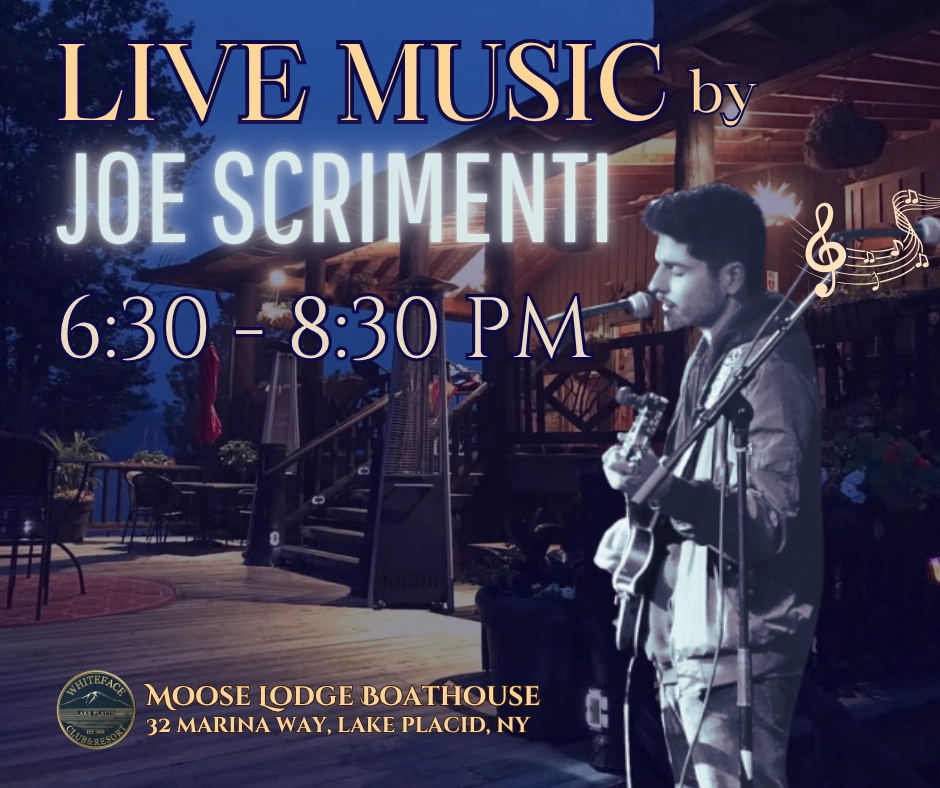 Designed graphic for Joe Scrimenti with Joe playing guitar overlayed on image of Moose Lodge Boathouse