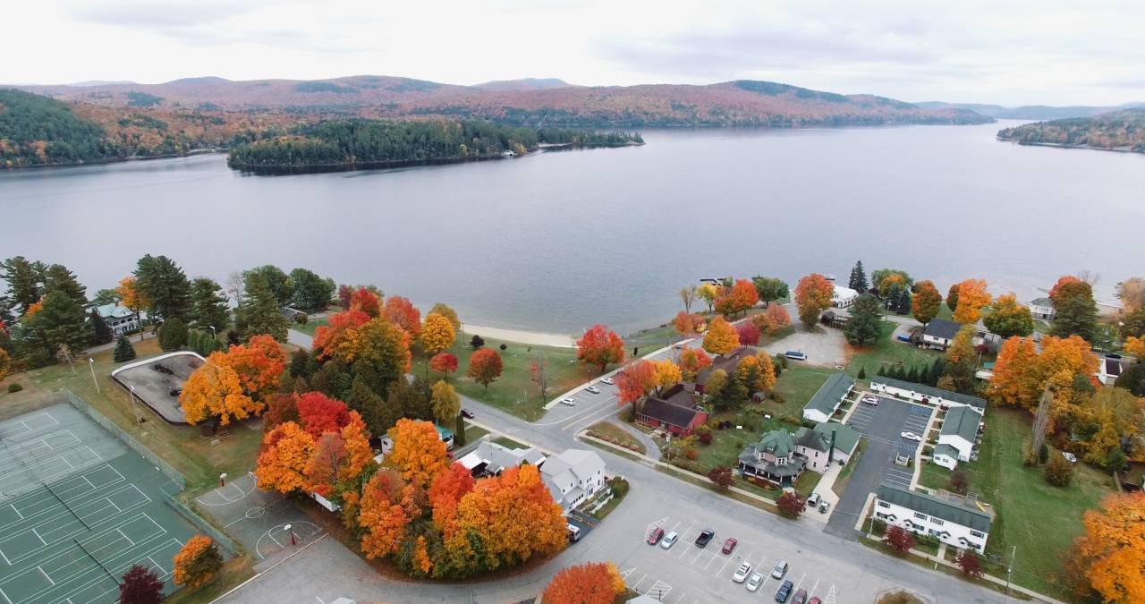 An aerial view of Schroon Lake in the fall.