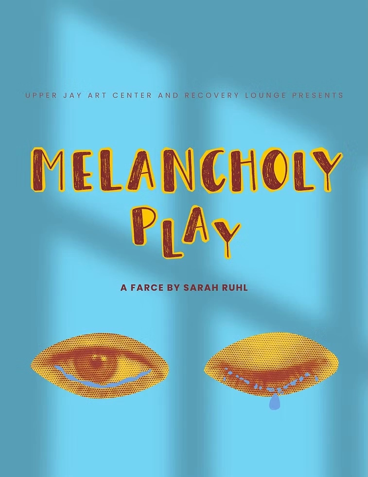 Melancholy Play poster with red and yellow pop art eyes on blue background with window shadow