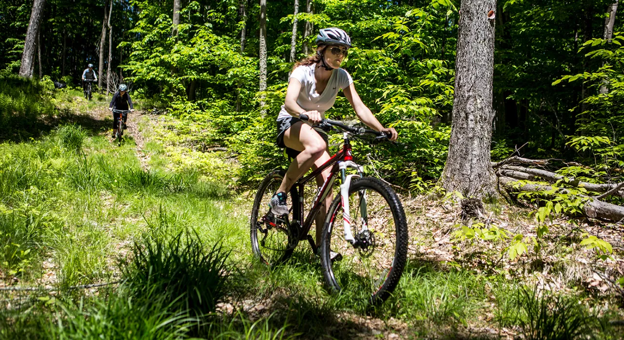 A group of people mountain bike on a grassy trail.