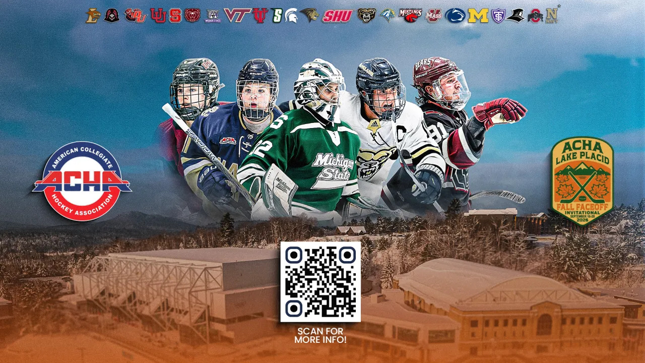 Designed graphic with five hockey players superimposed into sky above Olympic Center with participating team and event logos