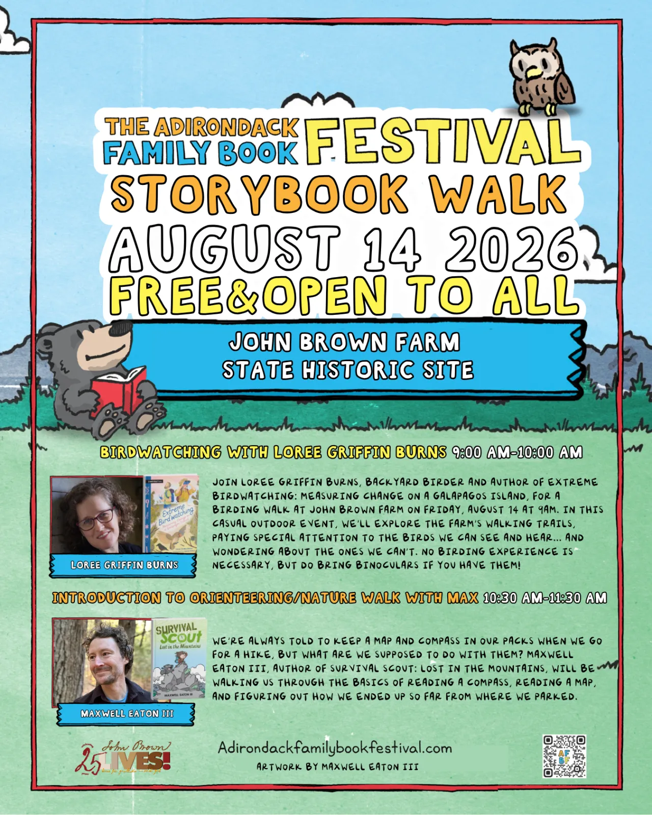 Poster for Adirondack Family Book Festival Storybook Walk at John Brown Farm on August 14