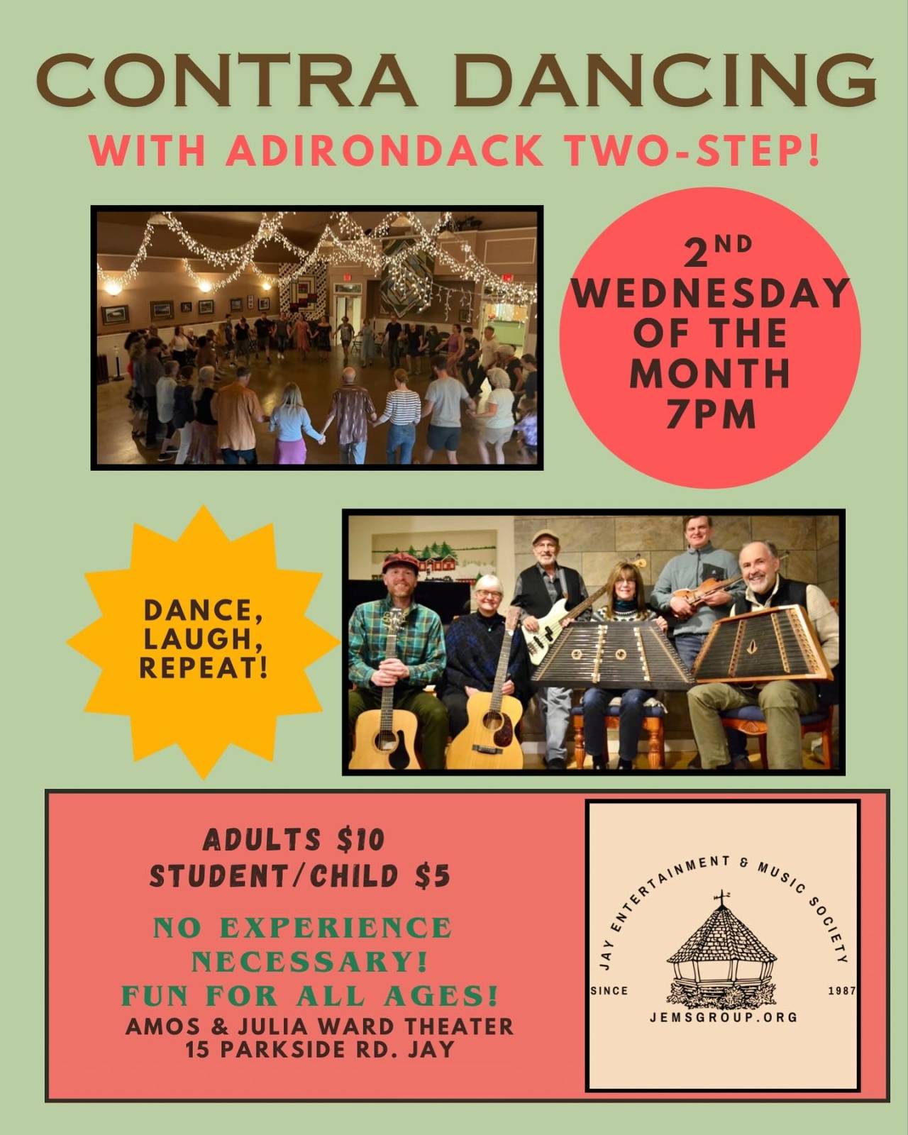 Event poster for Adirondack 2-Step Contra Dancing