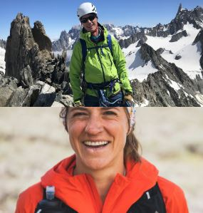 A composite image features a woman mountaineer in a green jacket on a rocky peak above snowy mountains, and a close-up of a second woman smiling in an orange jacket.