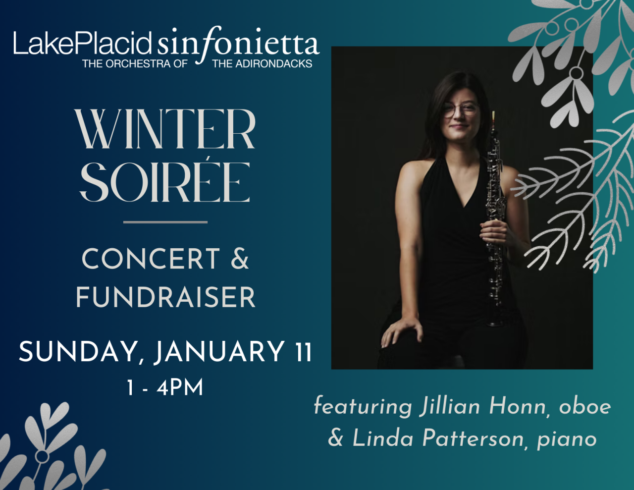 Event promotion graphic with image of woman holding oboe and details about event in white text over blue background