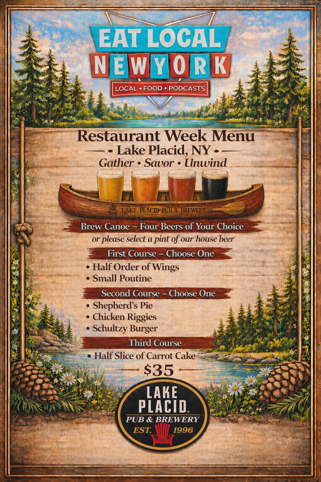 AI generated poster of prix fixe menu at Lake Placid Pub and Brewery for Eat Local NY Restaurant week