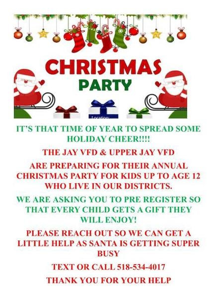 Flyer for Jay VFD & Upper Jay VFD Annual Kids' Christmas Party